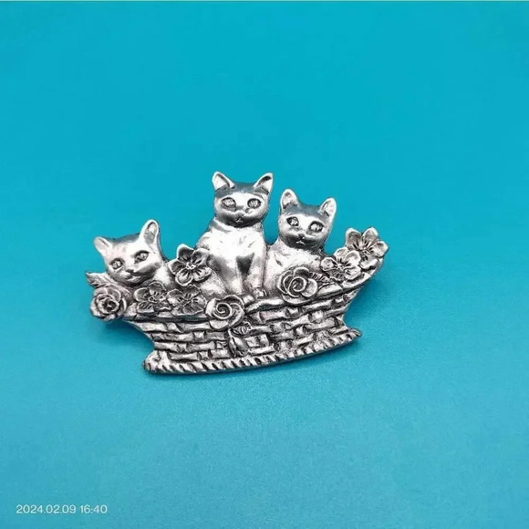 1987 Seagull Pewter Tri Cats Basket Brooch Pin - Picture 1 of 6